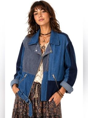 Boho Oversized Boxy Fit Patchwork Denim Jacket Mixed Media Belted Y2K Grunge